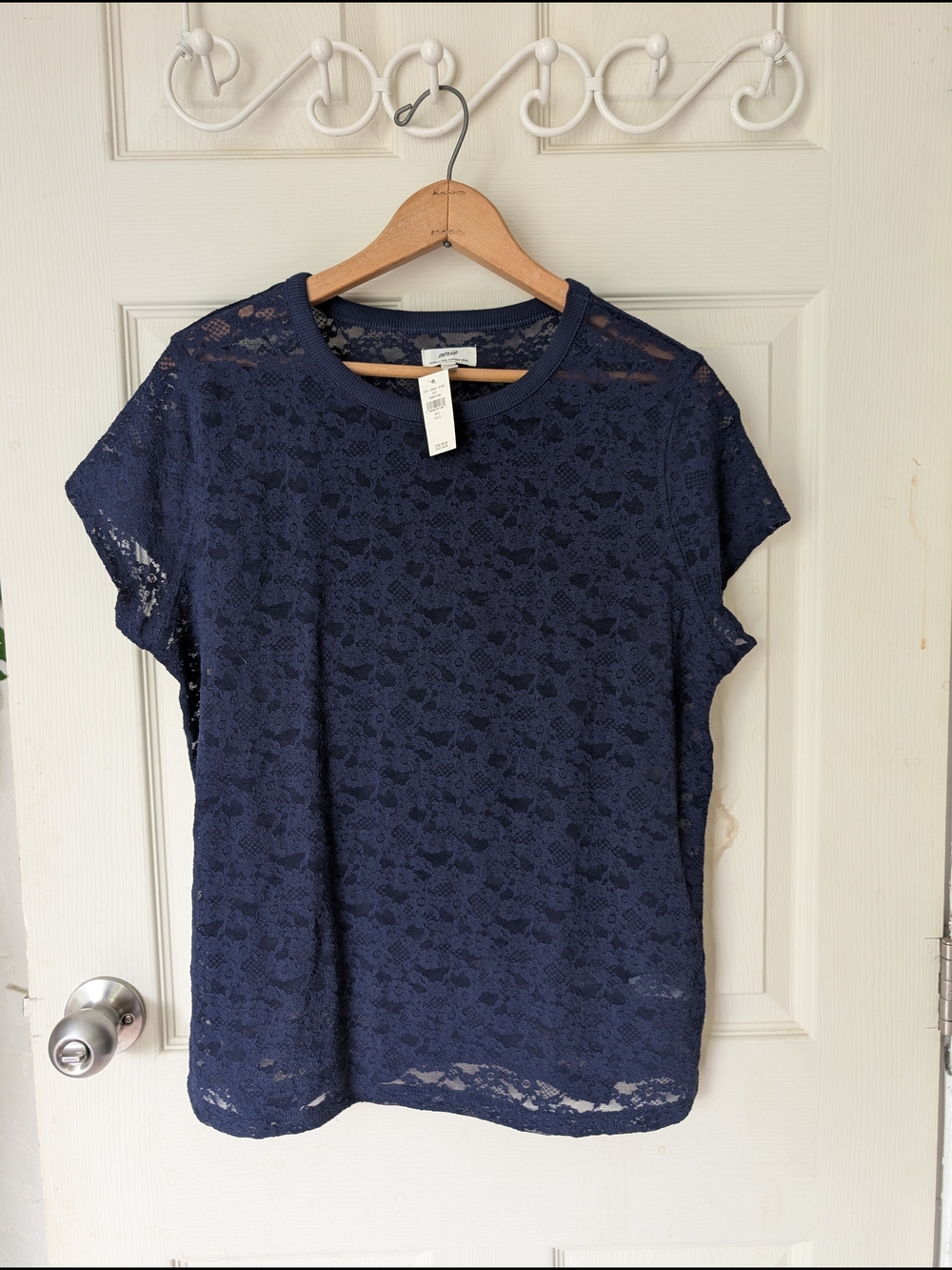 NWT aerie Navy Floral Lace Semi-sheer Short Sleeve Top Large
